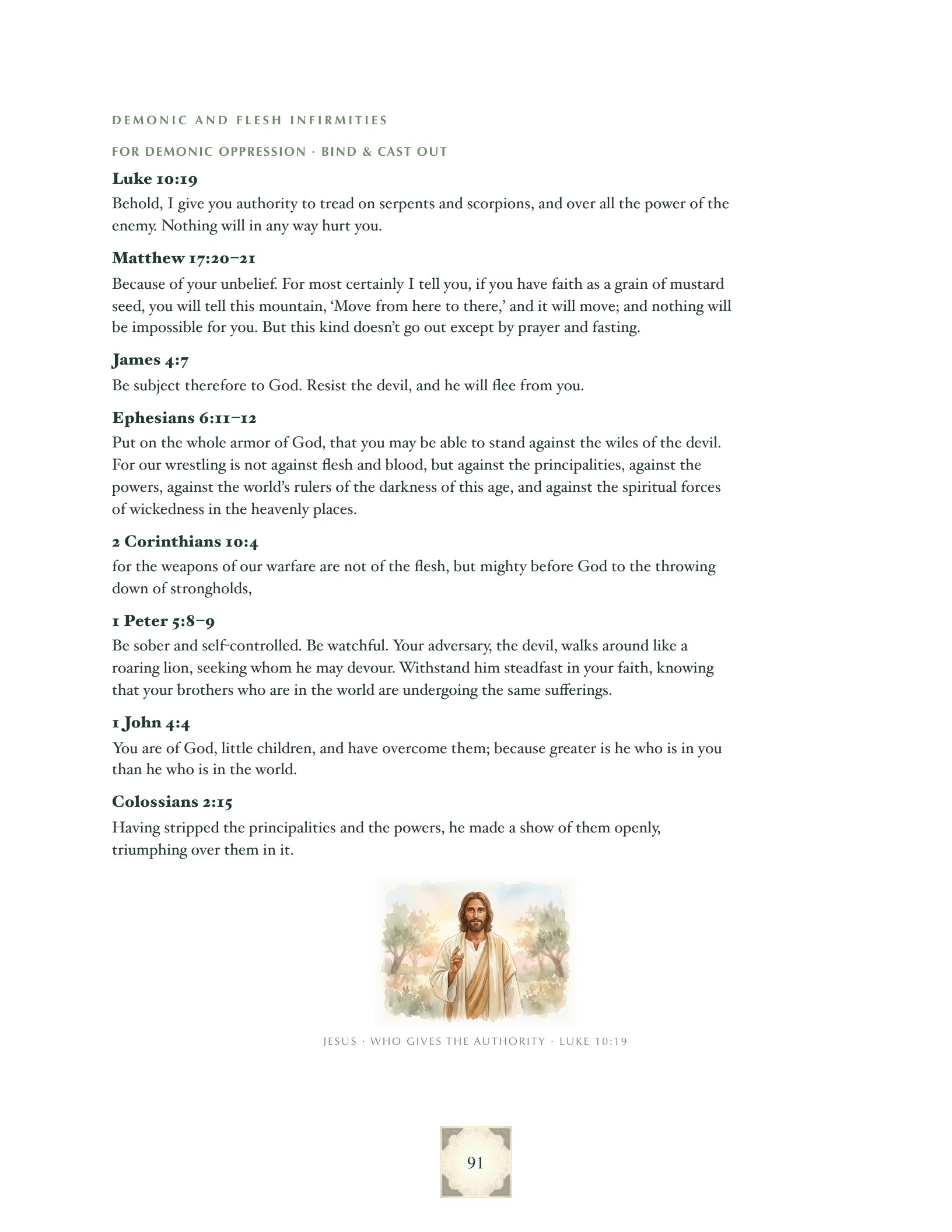 Scriptures for demonic oppression, with a watercolor of Jesus